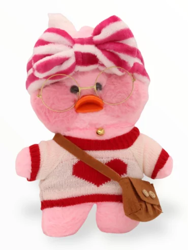 Paper Duck Knuffel – Lalafanfan Duck – Roze – Witte shirt met Gestreept hoofdbandje
