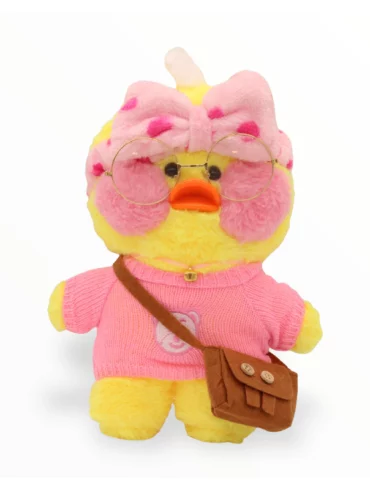Paper Duck Knuffel – Lalafanfan Duck – Geel – Roze shirt met Roze hoofdbandje