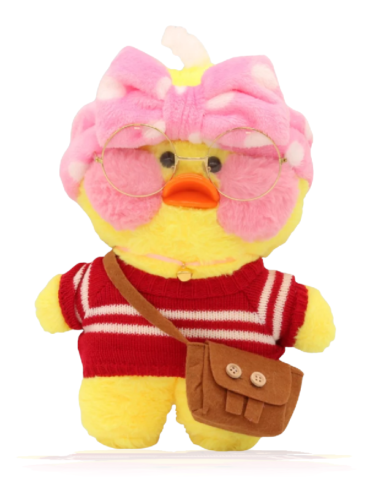 Paper Duck Knuffel – Lalafanfan Duck – Geel – Rood shirt met Roze hoofdbandje
