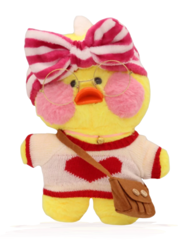 Paper Duck Knuffel – Lalafanfan Duck – Geel – Witte shirt met gestreept hoofdbandje