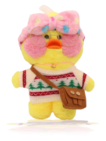Paper Duck Knuffel – Lalafanfan Duck – Geel – Kerst shirt met Roze hoofdbandje