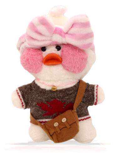 Paper Duck Knuffel – Lalafanfan Duck – Wit – Bruin shirt met Roze hoofdbandje