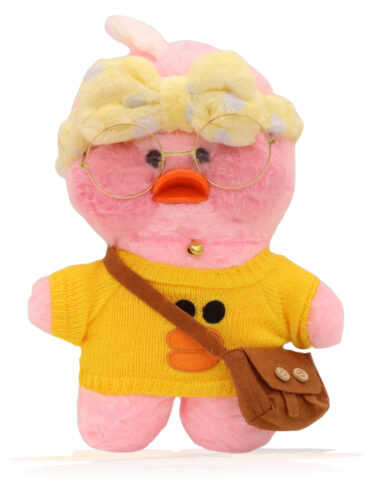 Paper Duck Knuffel – Lalafanfan Duck – Roze – Geel shirt met Geel hoofdbandje