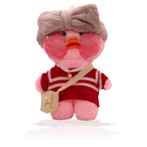  Paper Duck Knuffel - Lalafanfan Duck - Roze - Rode shirt met Grijze hoofdbandje