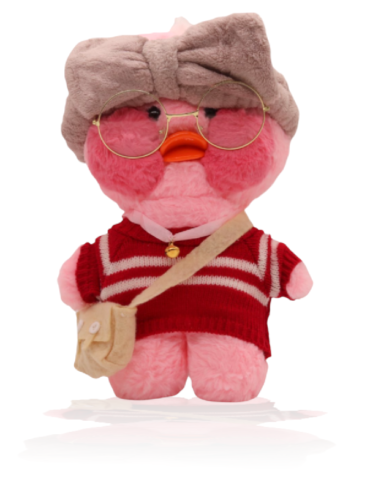 Paper Duck Knuffel – Lalafanfan Duck – Roze – Rode shirt met Grijze hoofdbandje