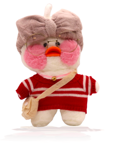 Paper Duck Knuffel – Lalafanfan Duck – Wit – Rood shirt met Grijs hoofdbandje