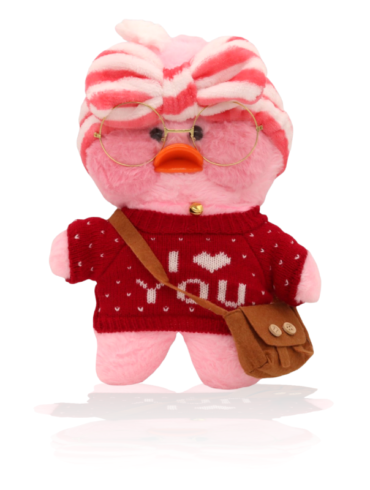 Paper Duck Knuffel – Lalafanfan Duck – Roze – Rode shirt met witte en roze hoofdbandje